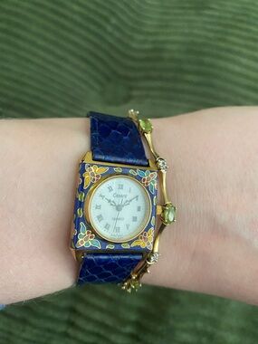 Blue Enamel Floral Quartz Watch with Blue Leather Strap